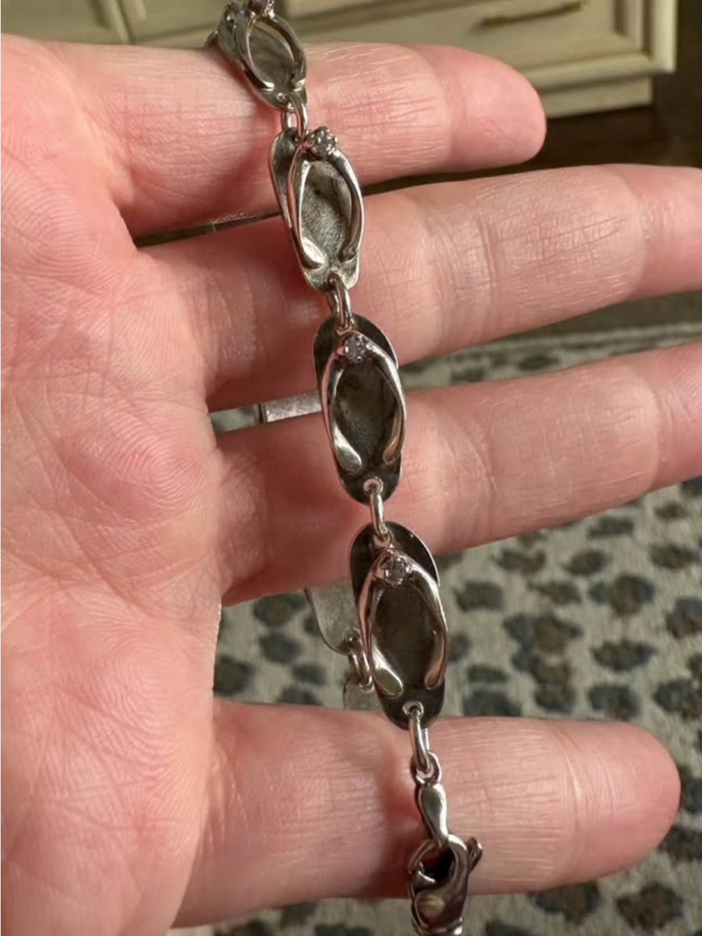 Sterling Silver Flip-Flop Link Bracelet - 925 Silver Vintage with Diamond Chips